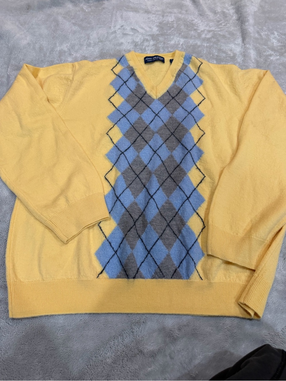 John Ashford Yellow V-Neck Sweater with Blue and Gray Argyle